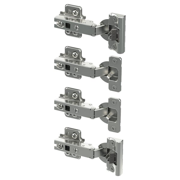 Four silver cabinet hinges with dampers, arranged vertically. Nickel-plated steel and plastic, designed for smooth, silent closure.