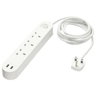 KOPPLA, a white multi-socket with 3 plugs and 2 usb ports, rectangular shape, modern design made of polycarbonate plastic.