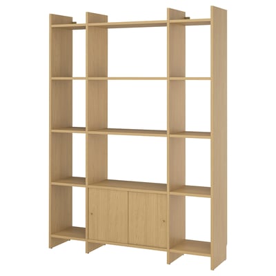 Light wood bookshelf & cabinet with open & closed storage. Honeycomb paper panels. Modern, vertically rectangular shape.