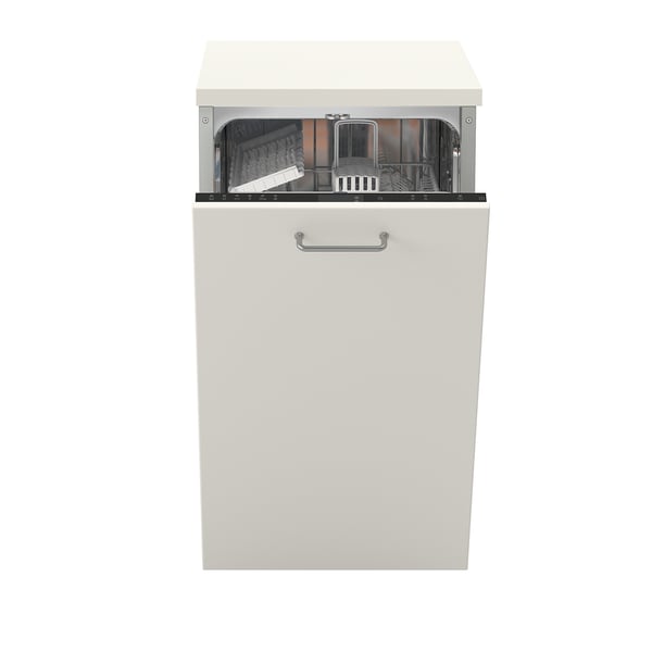 Built-in white dishwasher with one handle and upper basket visible.