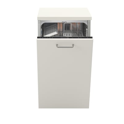 Built-in white dishwasher with one handle and upper basket visible.