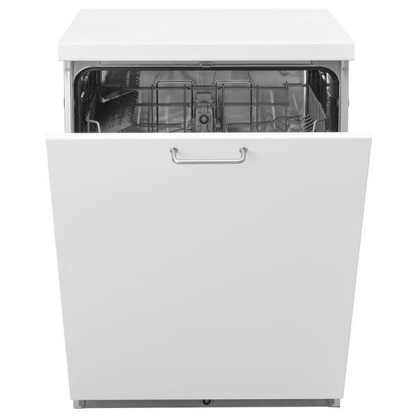 White dishwasher with open top, silver handle, metal racks visible inside. Compact and modern design.