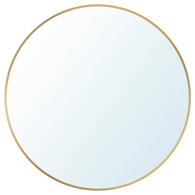 Circular gold-framed wall mirror with elegant design, perfect for enhancing room depth.