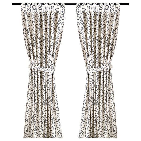 LUNGÖRT curtains, white with blue floral pattern, tie-back style.