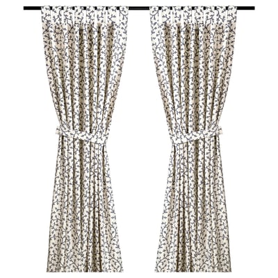 LUNGÖRT curtains, white with blue floral pattern, tie-back style.