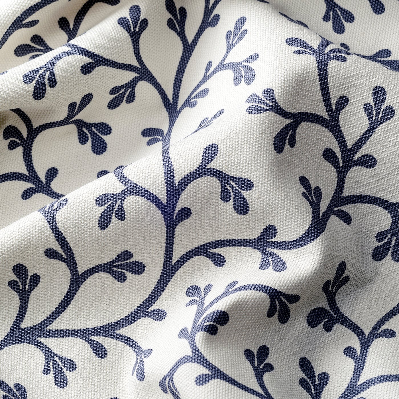 High-quality cotton fabric with intricate blue floral pattern.