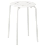 A white MARIUS stool, round, with metal legs and a perforated seat.
