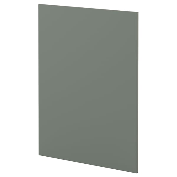 A grey-green METOD kitchen cabinet door with a smooth surface and square shape, part of the IKEA kitchen system.