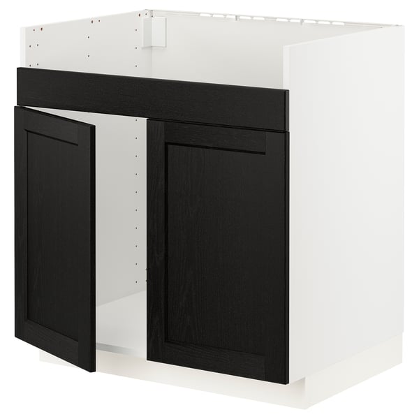 Modern black kitchen cabinet with white frame, bevelled edges, sturdy wood.