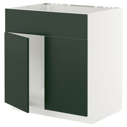 METOD kitchen unit with dark green drawers, white frame, square design, sturdy construction.