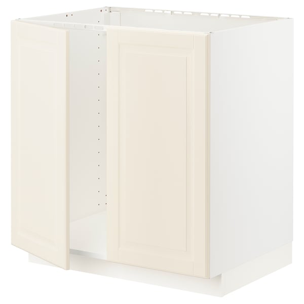 An ivory METOD kitchen cabinet with a bevelled edge door, featuring a sturdy frame and snap-on hinges.