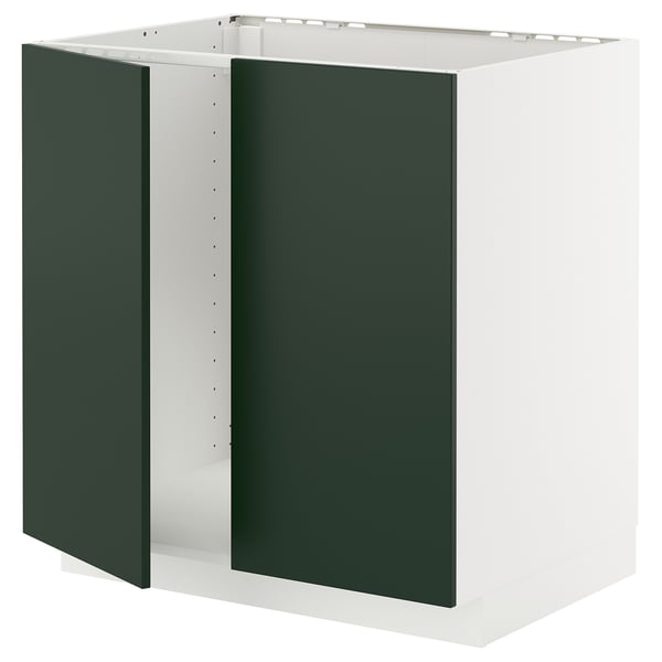 Modern kitchen cabinet: METOD. White with dark green doors. Square, sleek design and sturdy construction.