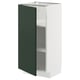 Modern white cabinet with green door, adjustable shelves, snap-on hinges.