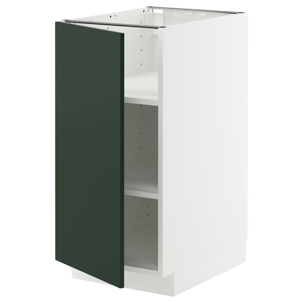 Green & white METOD kitchen cabinet, rectangular, modern design with adjustable shelves.