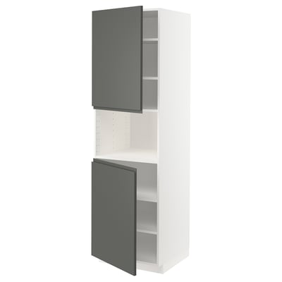 Modern white kitchen cabinet with two dark grey doors, adjustable shelf, slim design.