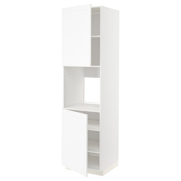 METOD white kitchen cabinet. Tall, rectangular design with adjustable shelves and doors. Simple, modern aesthetic, made of particleboard and melamine.