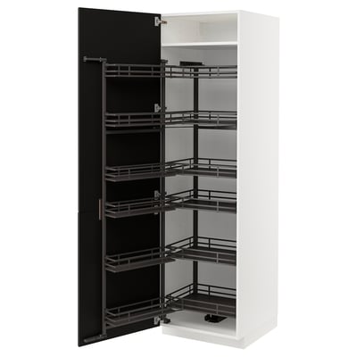 White kitchen cabinet with black pull-out shelves, sleek design, five adjustable racks.