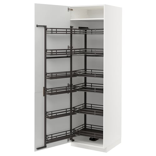 White METOD pull-out pantry with metal shelves.
