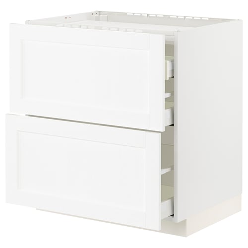 White METOD kitchen cabinet with enköping fronts in classic wood grain design, featuring smooth-running drawers and sturdy frame construction.