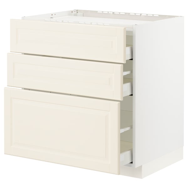 METOD kitchen cabinet in off-white with three drawers and one door, bevelled edges, clean design.