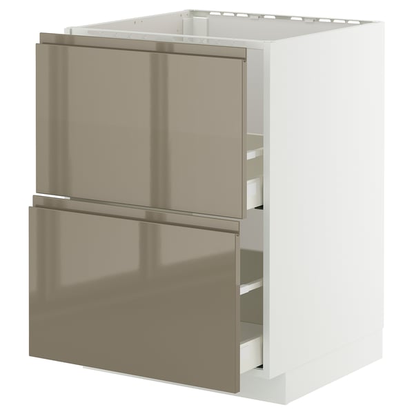 A modern kitchen cabinet, white with shiny bronze drawers, featuring sleek handles and a high gloss finish.