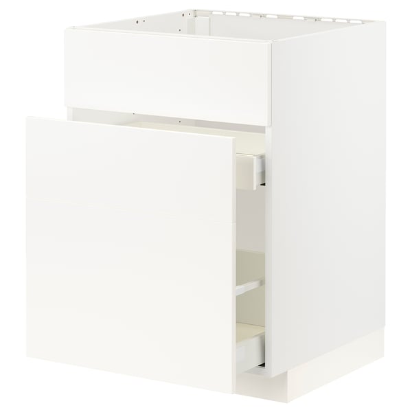 White METOD kitchen cabinet with veddinge smooth fronts, clean lines, sturdy fiberboard and steel.