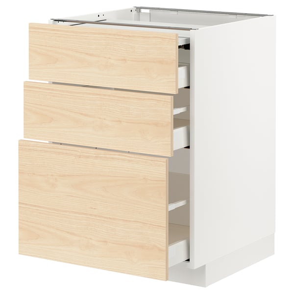METOD kitchen unit with 3 light ash drawers and white frame.