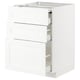 White METOD kitchen cabinet with three drawers and grain texture.