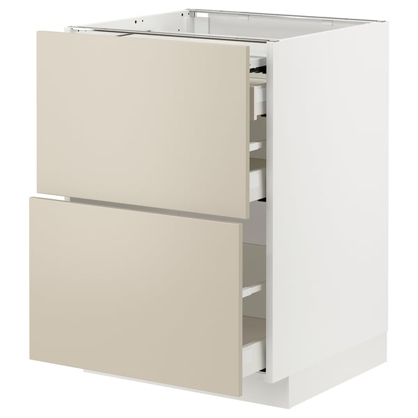 This image an ikea METOD kitchen cabinet with beige havstorp fronts, showcasing two drawers with a modern, minimalist design.