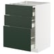 A white METOD kitchen cabinet with three green drawers. The cabinet has a sleek, modern design with durable materials.