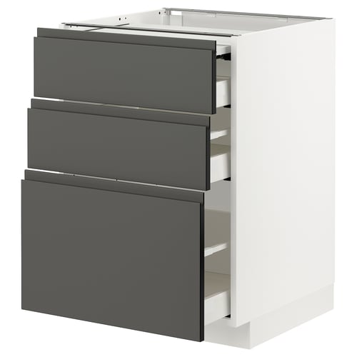 Modern kitchen cabinet with 3 grey drawers on white base.