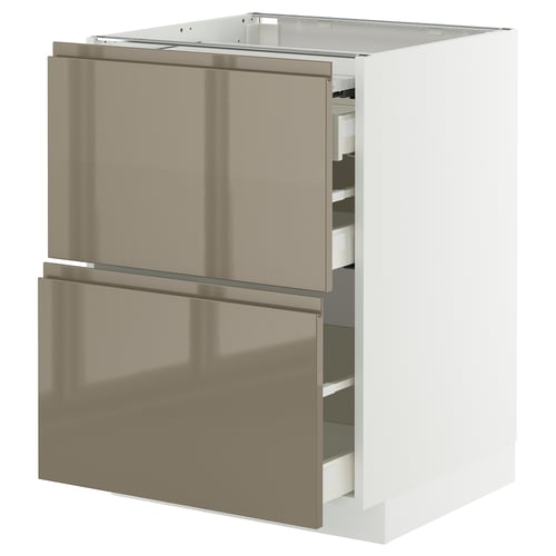 Modern kitchen cabinet, white with gold brown drawers, sleek glossy finish.