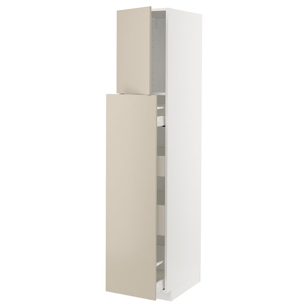 A tall white kitchen cabinet with two beige doors; one opened, revealing shelves inside.