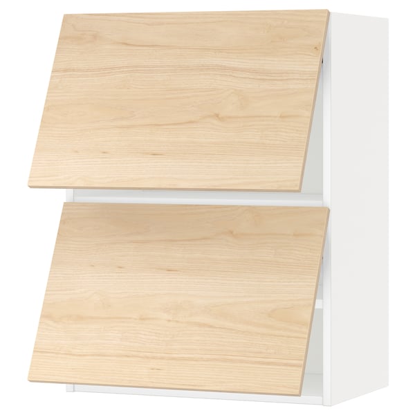 Modern white kitchen cabinet with two light wood doors.