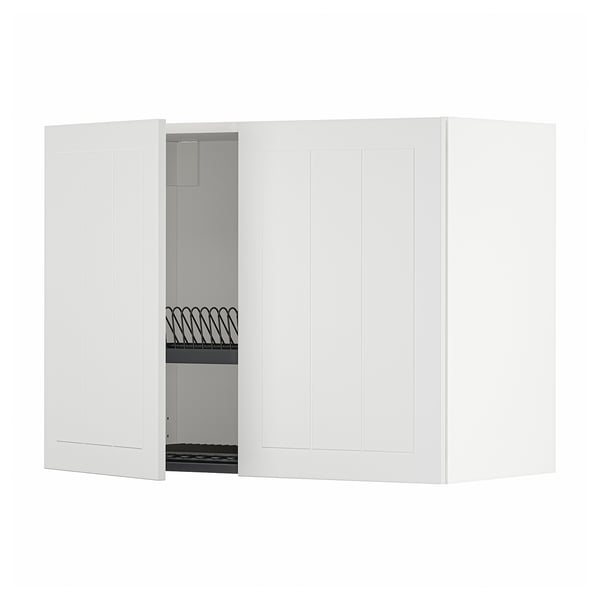 METOD kitchen wall unit, white, with open door revealing shelves and dish drainer.