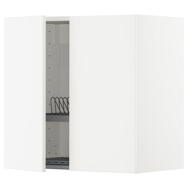 A white METOD kitchen cabinet with an integrated black dish drainer. It a streamlined design and sturdy construction.