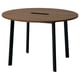 MITTZON: round wooden conference table with black metal legs, sleek, modern design, cable management.