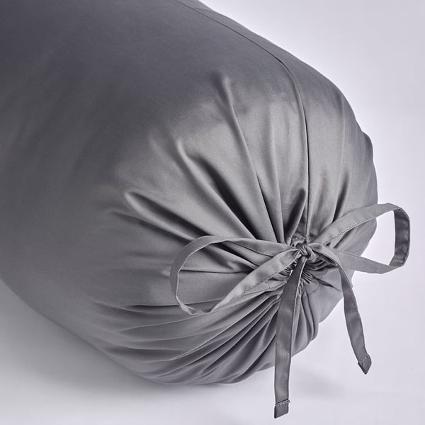 Elegant, dark grey bolster pillowcase, featuring smooth, lustrous sateen fabric with neatly tied fringe ends.