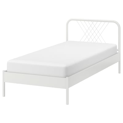 A white NESTTUN bed with a metal frame and net-patterned headboard. The bed is minimalist, sturdy, and designed for comfort with a slatted base.