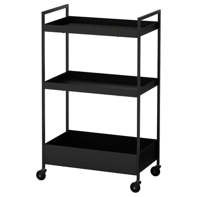 A black three-tier rolling storage trolley with a rectangular shape and metal construction, suitable for various spaces.