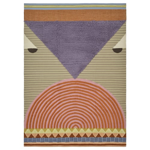 Ommajange rug: multicoloured geometric patterns in browns, lavenders, pinks, and blues; handwoven with wool and cotton; rectangular shape.
