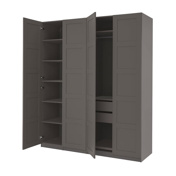 Grey PAX wardrobe, open doors reveal shelves, made from particleboard, simple, rectangular design.