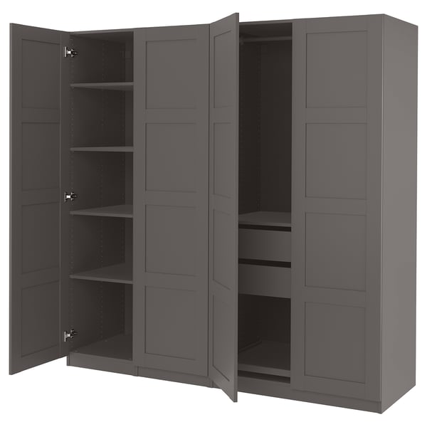 Black PAX wardrobe, open showcasing shelves, modern rectangular design.
