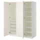 White PAX wardrobe, open doors revealing shelves and mesh baskets, minimalist design.
