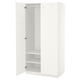 White PAX wardrobe, open, featuring adjustable feet and interior shelves for organisation.