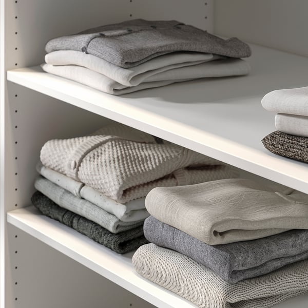 Shelf with neatly folded grey clothes in white wardrobe.