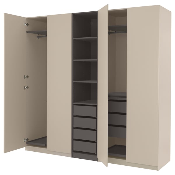 Depicts an open beige PAX wardrobe with shelves and drawers, featuring a modern, minimalist design.