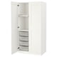White PAX wardrobe, open revealing mesh baskets, drawers, and trouser hanger.