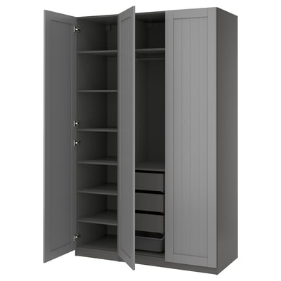A grey, tall PAX wardrobe with two open doors revealing multiple shelves and pull-out trays for storage.