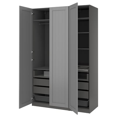 Grey PAX wardrobe, open showing shelves, drawers, and rail. Modern, minimalist design.